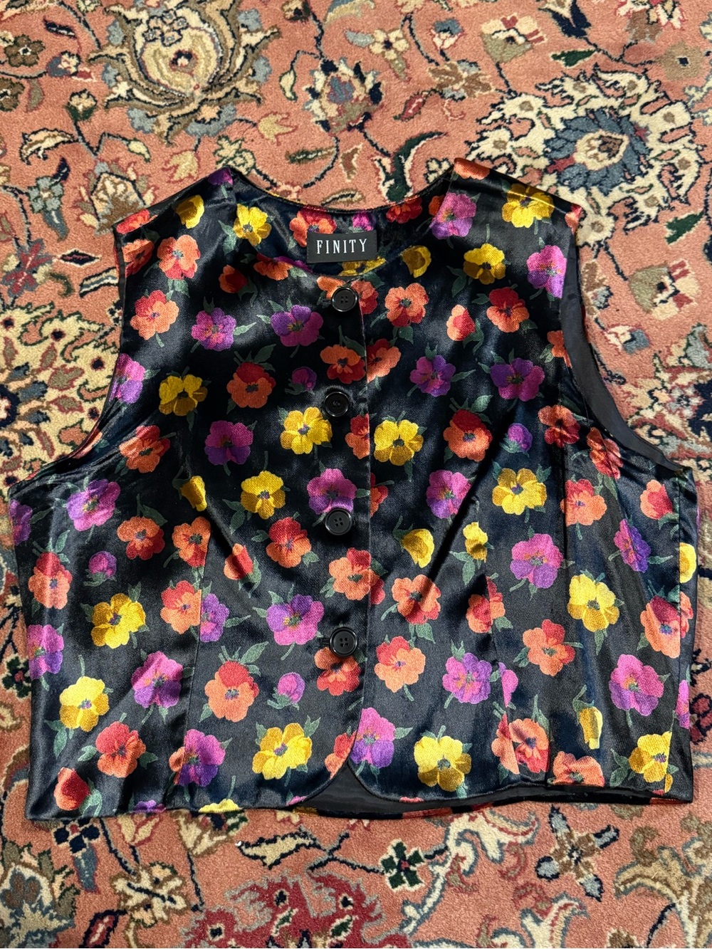 Vintage Finity Black Floral Button-Front Vest Crop Top